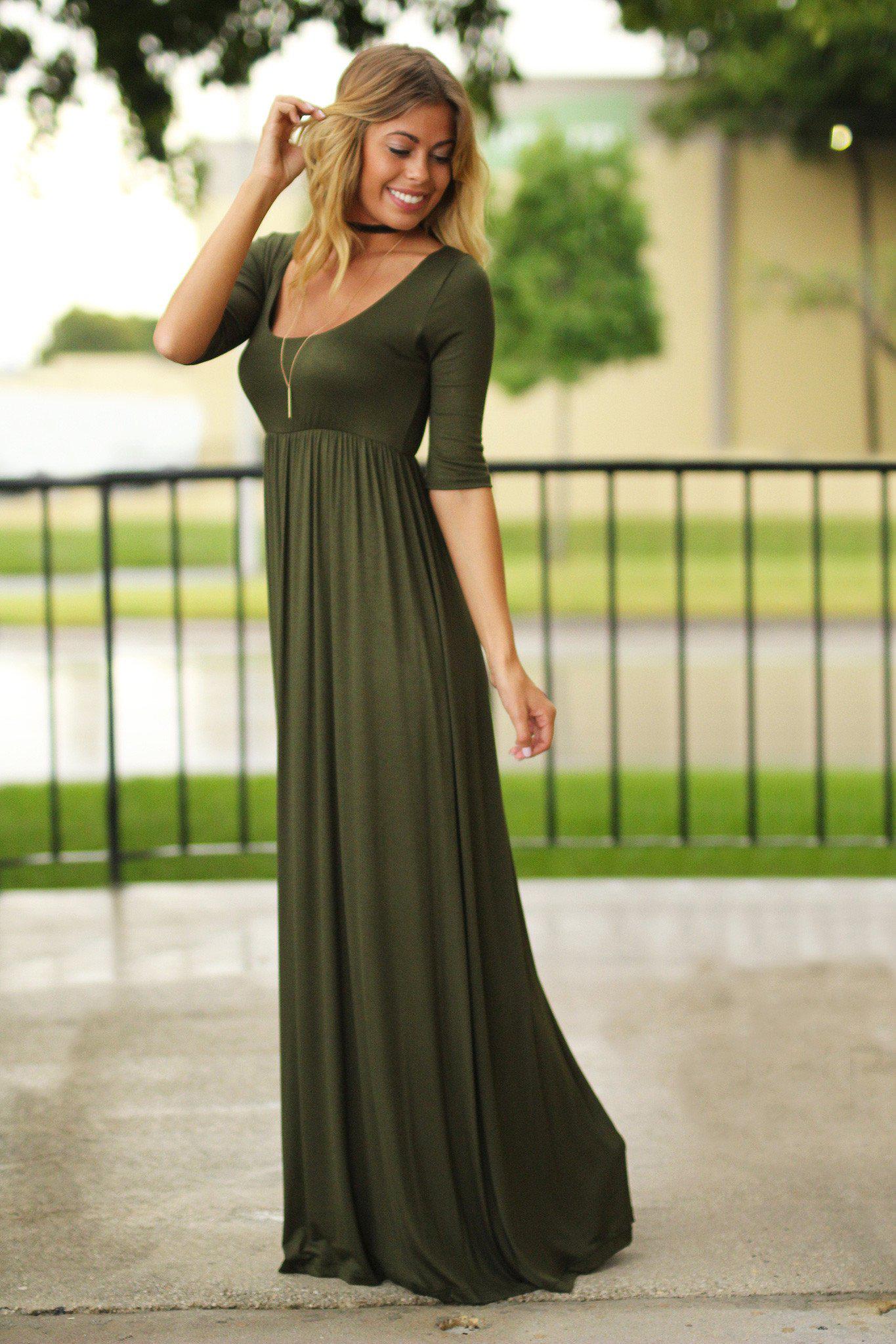 Olive Maxi Dress with Mid-Sleeves ...